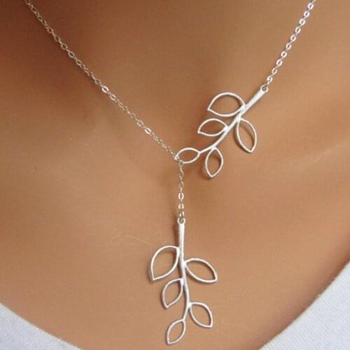 Chic Branch Two Leaves Pendant Necklaces Charm Elegent Women Simple Accessories Jewelry Trendy Sweater Necklaces
