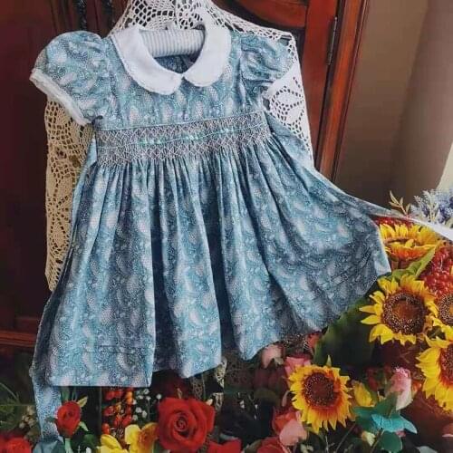 Kids Little Girls Handmade Smocked Floral Flower Print Dresses Spring Summer Toddler Girl Princess Vintage Smock Dress
