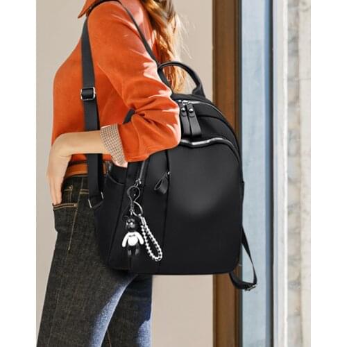 Black Simple Large Capacity Backpack with Cute Bear Pendant Young Student Oxford Mochila Multifunctional Female Shoulder Bag Sac