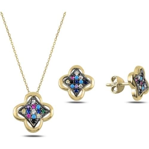 Silver 925 Sterling Mixed Color Zircon Cubic Zirconia Clover Set