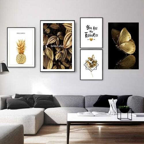 Nordic Golden Plants Pineapple Leaves Abstract Art Print Canvas Posters Painting Luxury Art Pictures Living Room Decoration
