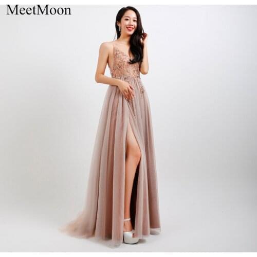 MeetMoon Handmade Sexy Illusion Beaded Bodice Spaghetti Straps A-line Evening Dress Long Formal Party Gown With Side Split