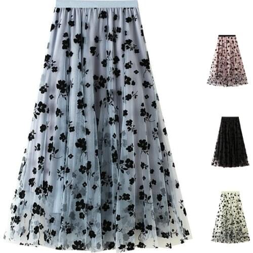 High-Waisted Skirt Flocked Mesh Skirt Female Summer Mid-length Thin Drape Skirt Super Fairy Pleated Skirt 2021 New