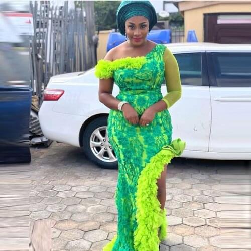 Green Yellow Aso Ebi Evening Dress Mermaid Side Split Ruffles One Shoulder Lace Prom Dress Plus Size African Women Party Robes