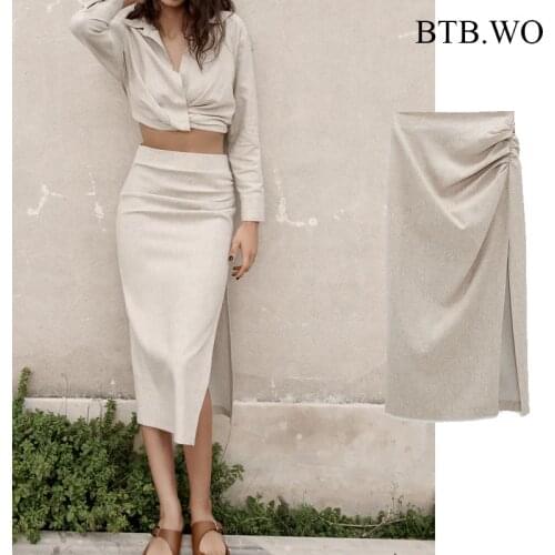 BTB.WO 2021 Summer High Street Cotton Linen high Waist A-line Midi Faldas Mujer Moda Package Hips Long Za Skirts Womens