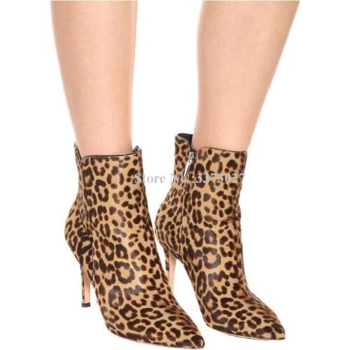 Sexy Leopard Stiletto Heel Woman Ankle Boots Fashion Pointed Toe Large Size Short Boots Lady Popular Banquet Shoes Dropship