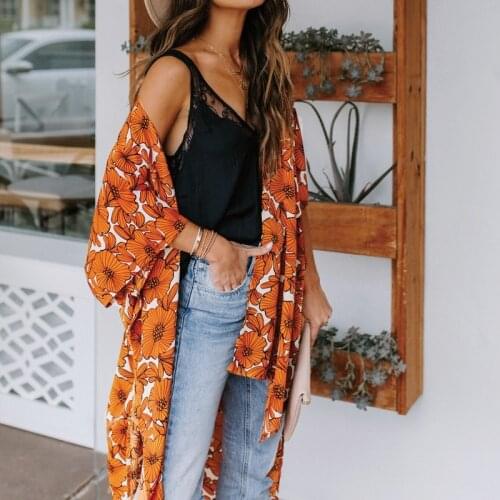 Sunflowers Floral Printed Kimono Sheer Chiffon Orange Cardigan Midi Long Coats For Women 2021 new Design Fashion Summer Blouse