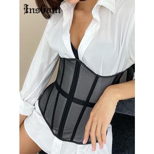 InsGoth Women Waist Trainer Cincher Girdles Sexy Black Mesh Corset Goth Vintage Slim Body Belts Streetwear See Through Corset