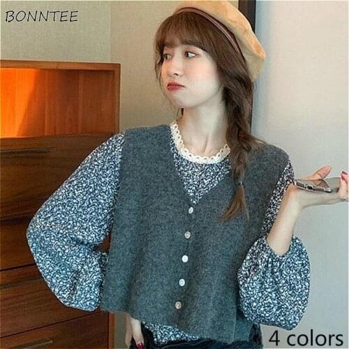 Sets Women Knitting Sleeveless V-Neck Vest All-match Female Clothing Casual Daily Two Piece Outfits Floral Shirt Popular Student