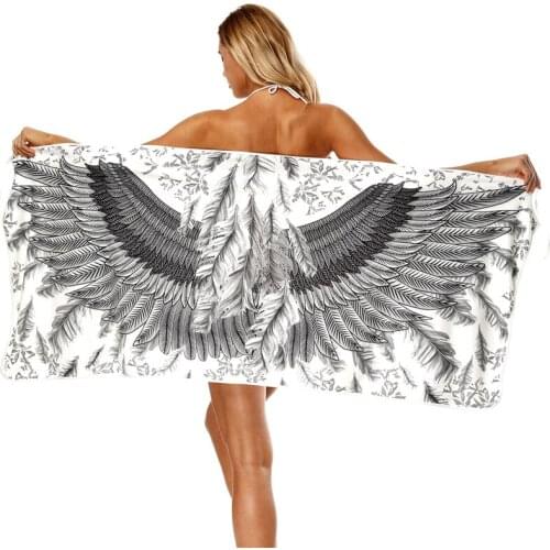 Wing Printed Microfiber Wearable Women Rectangle Absorbent Bath Beach Towel Sunscreen Sexy Sling White Soft Beach Cover