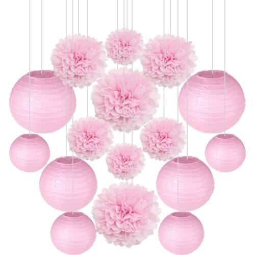 16pcs/lot Pink Red White Mixed Sizes Chinese Round Paper Lanterns Paper PomPoms Wedding Birthday Party Decoration Hanging Favor