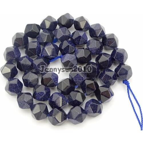 Natural Blue Sand Gems Stones 24 Faceted Polygons Spacer Beads 15'' Strand 6mm 8mm 10mm for Jewelry Making Crafts 5 Strands/Pack