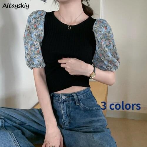 Blouses Women Patchwork 3 Colors Slim Crop Top Summer Design Retro Ladies Hot Sale Leisure Ulzzang Fashion Tender Romantic Ins