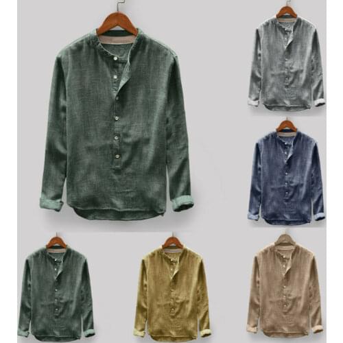 Men V-Neck Button Shirt Casual Linen Cotton Long Sleeve Top Lightly Rough Blouse