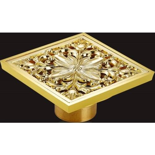 ZGRK Drains 10x10cm Square Gold Brass Bath Shower Drain Strainer Floor Cover Balcony Bathroom Anti Odor Floor Drain