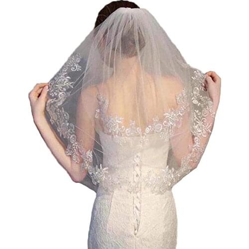 Flower Bride Wedding Veil Short Ivory Lace 2T Two-tier Shoulder Bridal Veils Soft Tulle Hair Accessories