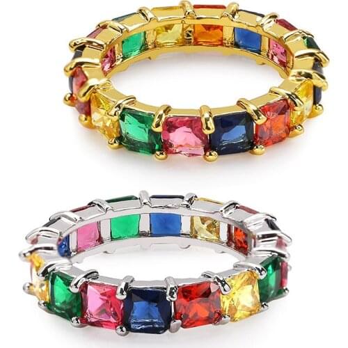 Ins explosion models full zircon hip hop ring rainbow men and women trumpet ring HIPHOP RING factory direct sales