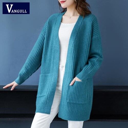 Vangull Women Solid Long Sweater Cardigans Casual Fashion V-neck Pockets Knitted Coat Plus size Loose Female Autumn Sweater