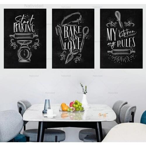 Canvas Painting My Kitchen My Rule Wall Picture Black White Baking Quote Art Print Poster Coffee Dessert Home Decoration