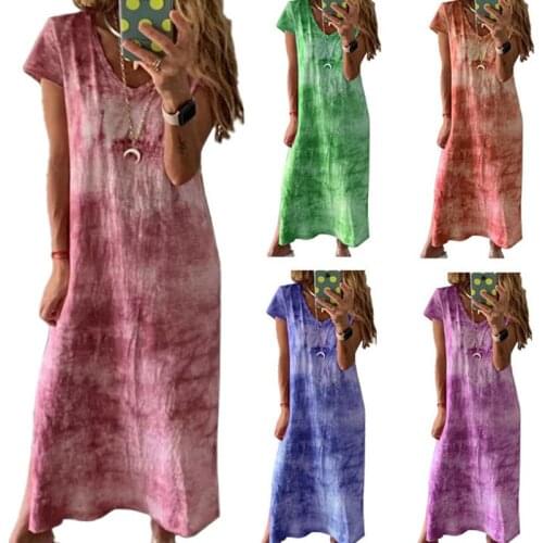 Summer Women 3xl Long Dress Slit Gradient Color Ombre Dress Short Sleeve Sukienka Deep V Neck Loose Fit Dress Plus Size