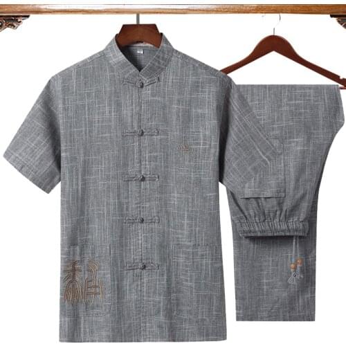Gray 2019 New Embroidery Chinese Men Kung Fu Suit Cotton Linen Wu Shu Uniform Long Sleeve&PantsTai chi Set Plus Size 4XL