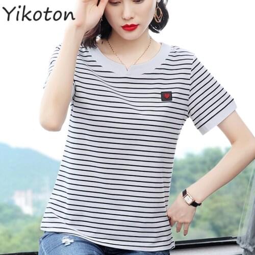 2021 New Summer Clothes for Women Casual Clothing O-Neck Short Sleeve T-shirts for Girls Basic Tops Female White Stripe Tee Top