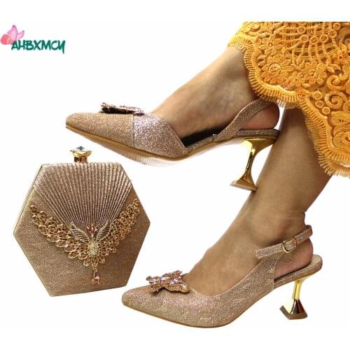Latest Sexy Ladies Comfortable Heels in Champagne Color African Women Matching Shoes and Bag Set for Garden Party