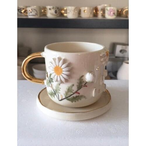 Handmade and hand painting workmanship high quality ceramic art Turkish style daisy tea coffee cup water cup and saucer durable
