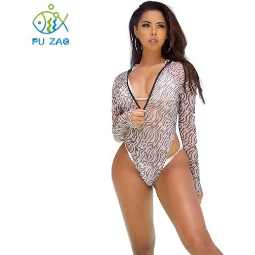 Leopard-print Mesh Swimsuits Sexy 3 Piece Set Women Strappy Swimwear Zipper Print Beach Wear High Waist Transparent Bikini Set