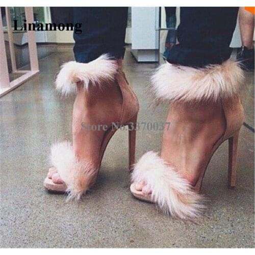 Spring Summer New Fashion Women Open Toe Suede Leather Fur Thin Heel Sandals Ankle Wrap Feather High Heel Sandals Dress Shoes