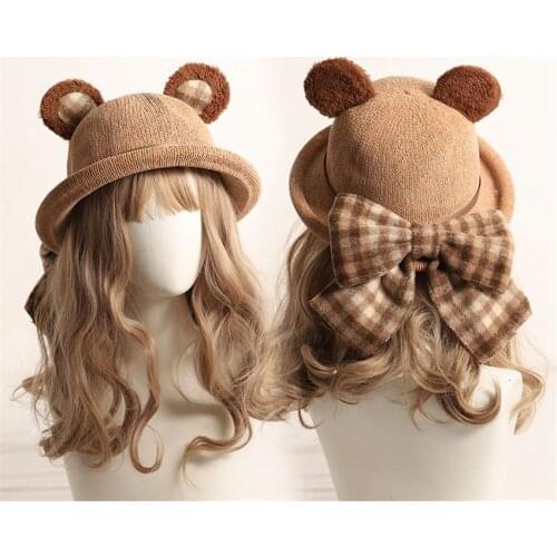Handmade Lolita Bucket Hat Lolita Brown Big Bowknot Bear Ears Curved Hat Girl Headwear B1644