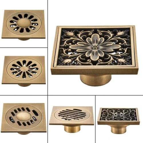 Antique Floor Drain Brass Square 10 cm Flower Art Carved Toilet Drain Cover Bathroom Shower Drain Strainer Copper Bath Accessory