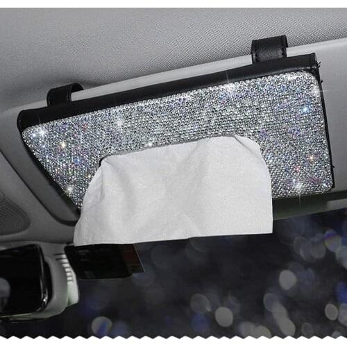 Car Visor Tissue Holder Leather Sparkling Crystals Paper Towel Cover Case for Women
