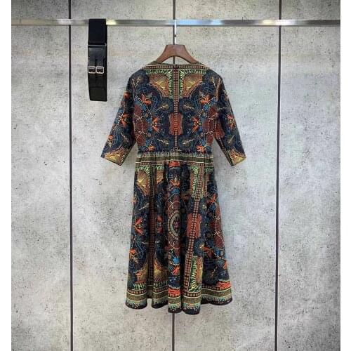 Cotton Vintage Women 100% Dress 2021 Spring Summer Ethnic Flower Print With Belt Midi Elegant Dresses