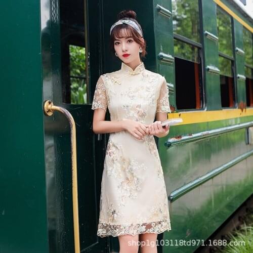 Champagne Cheongsam Dress Short Qipao A-line Chinese Style Dress Women Gril Mini Qipao Vintage Oriental Dresses