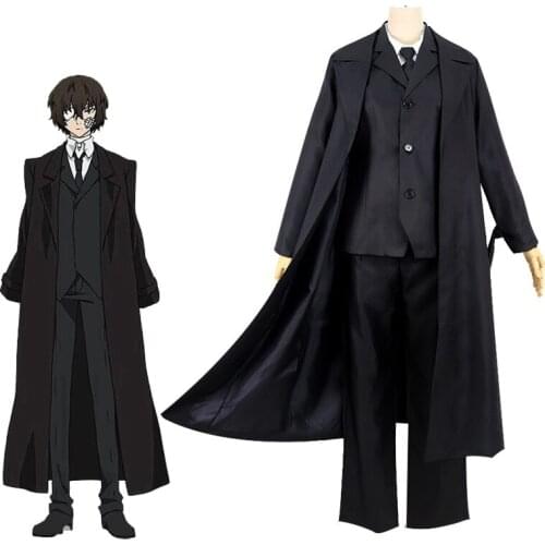 Anime bungou stray dogs cosplay costume dazai osamu cosplay costume male black trench pant tie 6 pcs sets halloween Party outfit