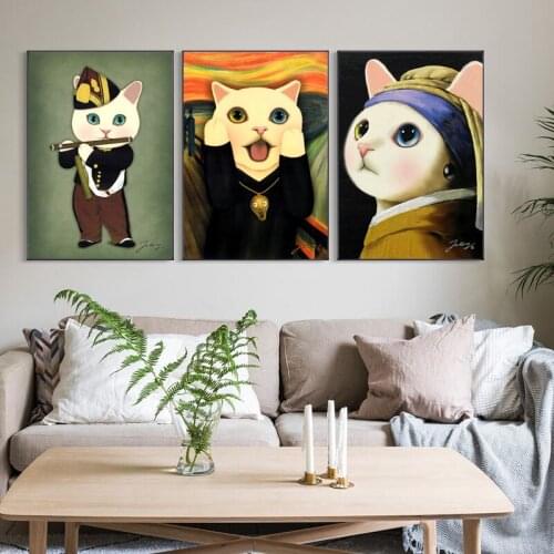 Creative Funny The Scream Cat Canvas Painting Cat with Pearl Earrings Cartoon Poster Print Wall Art Picture Nordic Home Decor