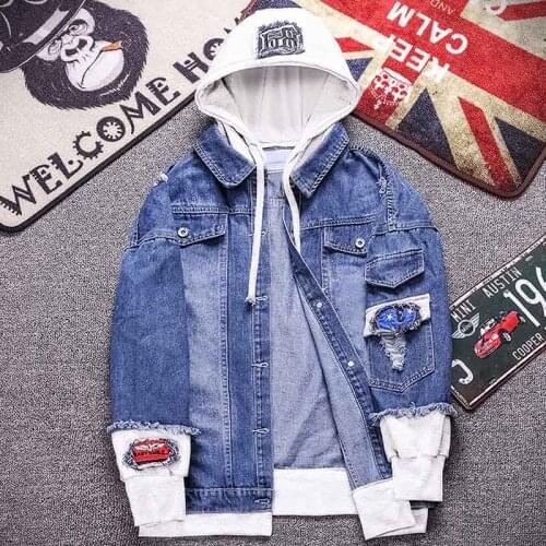 Fashion men denim jacket 2020 new Korean slim jacket spring autumn casual clothes hoodies fake two piece patchwork men clothing
