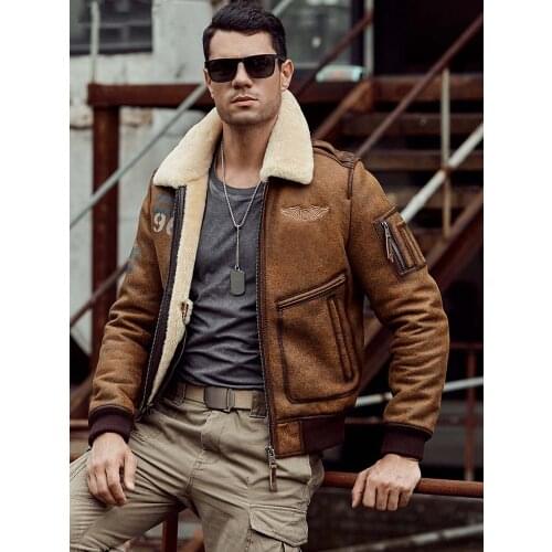 2020 New Shearling Coat Mens B6 Bomber Jacket Brown Leather Jacket Short Fur Coat Natural Sheepskin Coat Winter Warm Jacket