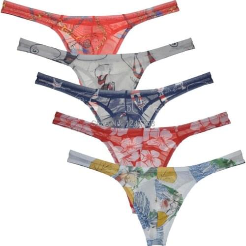 Mens Tempting Sheer Mesh Thong Jockstrap Gay Underwear Daily G-string Floral Bikini Tangas Sissy Panties
