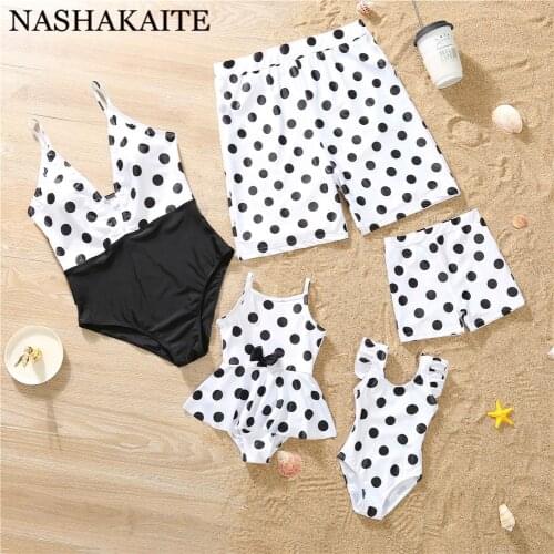 NASHAKAITE Family Matching Bathing Suits 2021 V-neck Dots Printed Family Swimwear Mother Daughter Mommy and me swimsuit