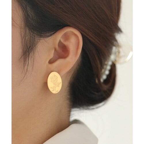 SRCOI Vintage Elegant Rose Flowers Emboss Stud Earrings Metal Geometric Oval Earring Temperament Women Daily Party Jewelry 2021