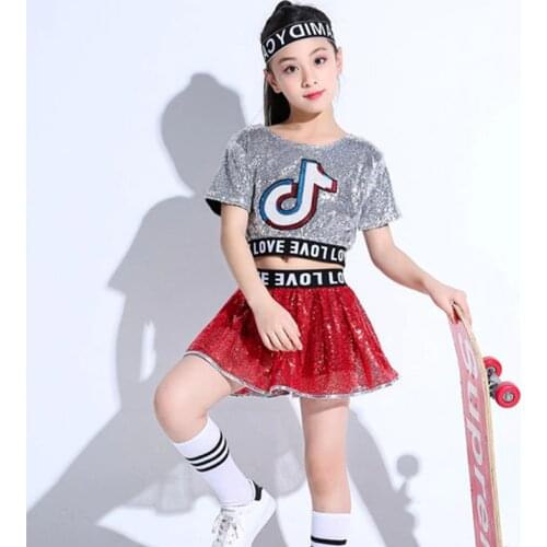 2pcs Set Girl Jazz Dance Costumes for Girls Children Stage Dance Clothes Exposed Navel Tide Kid Hip hop Sequin Dance Suit