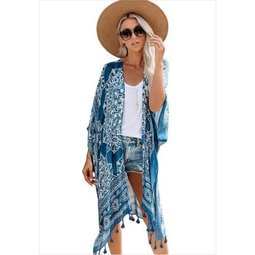 Seaside Kimono Blouses Women 2021 Summer Long Shirt Plus Size Tops Ladies Shirts Beach Cardigan holiday printed tassel blouse