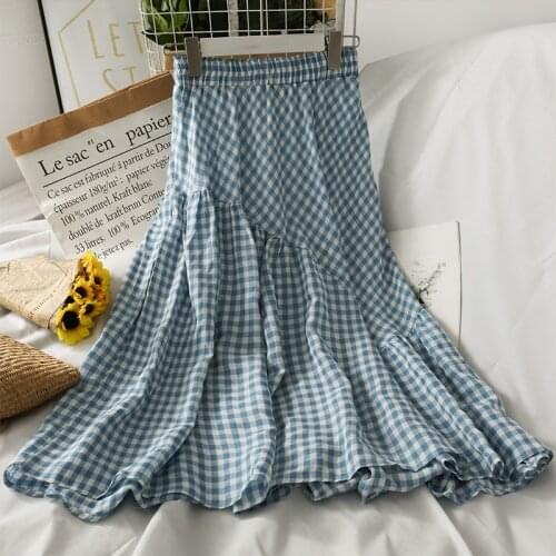 Vintage Plaid Ruffles Long Skirts Summer Autumn Women 2021 Korean Elegant Fashion Elastic High Waist A-line Midi Skirt Street