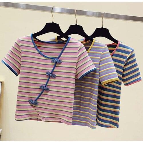 Woman Summer T-Shirt Slim Slim Striped Short Sleeved Tee O-Neck Splicing Tops Fashion Casual Chinese Style Button Bottoming