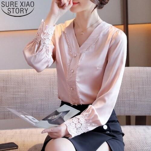 2021 New Autumn V-neck Simple Temperament Pink Shirt Fashion Elegant Women Shirts Sweet Long Sleeve Blouse Women Tops 11403