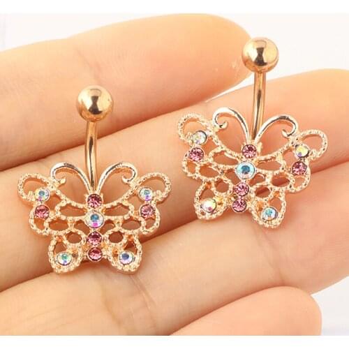 Stainless Steel Belly Button Rings 14g Rose Gold Butterfly Belly Rings for Women Belly Navel Piercing Rose Gold Body Jewelry
