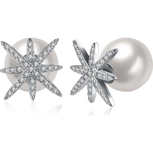 Elegant Women Snowflake Stud Earrings Fashion Cubic Zircon Imitation Pearl Stud Earrings for Lady Gift Party Jewelry Love Gift