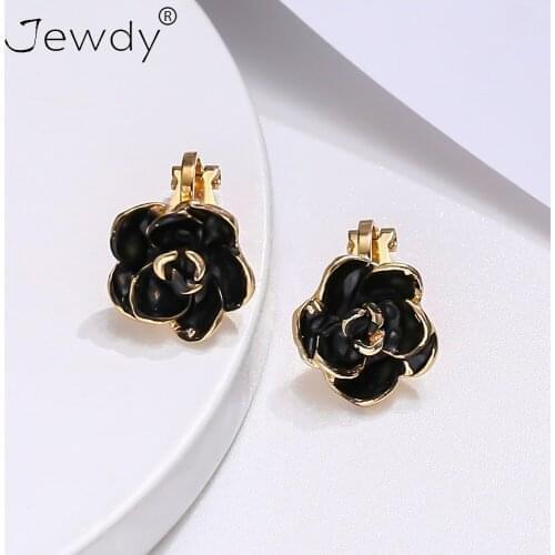 Dark Flower Black Wild Rose Gold Plate Clip Earring Woman Vintage Design Earrings Woman Charm Dance-party Femme Ear Jewelry